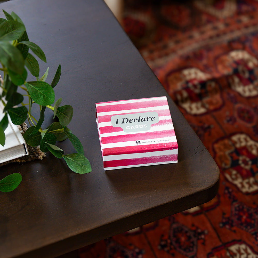 Striped card box labeled 'I Declare Cards' on a wooden surface with a plant and patterned rug in the background.