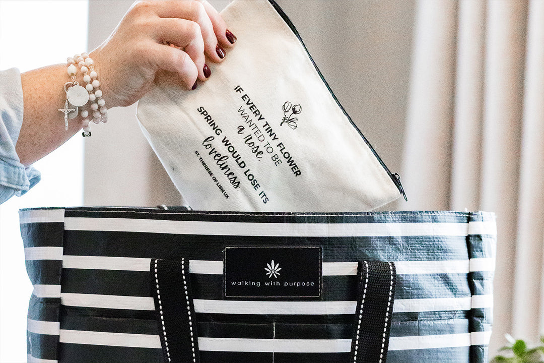 St Therese canvas pouch being place in WWP tote