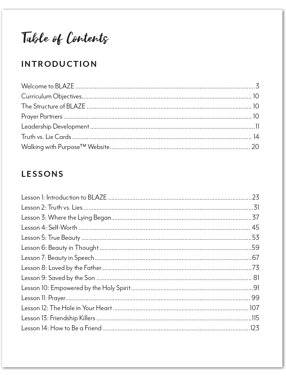 BLAZE Masterpiece leaders guide table of contents page 1