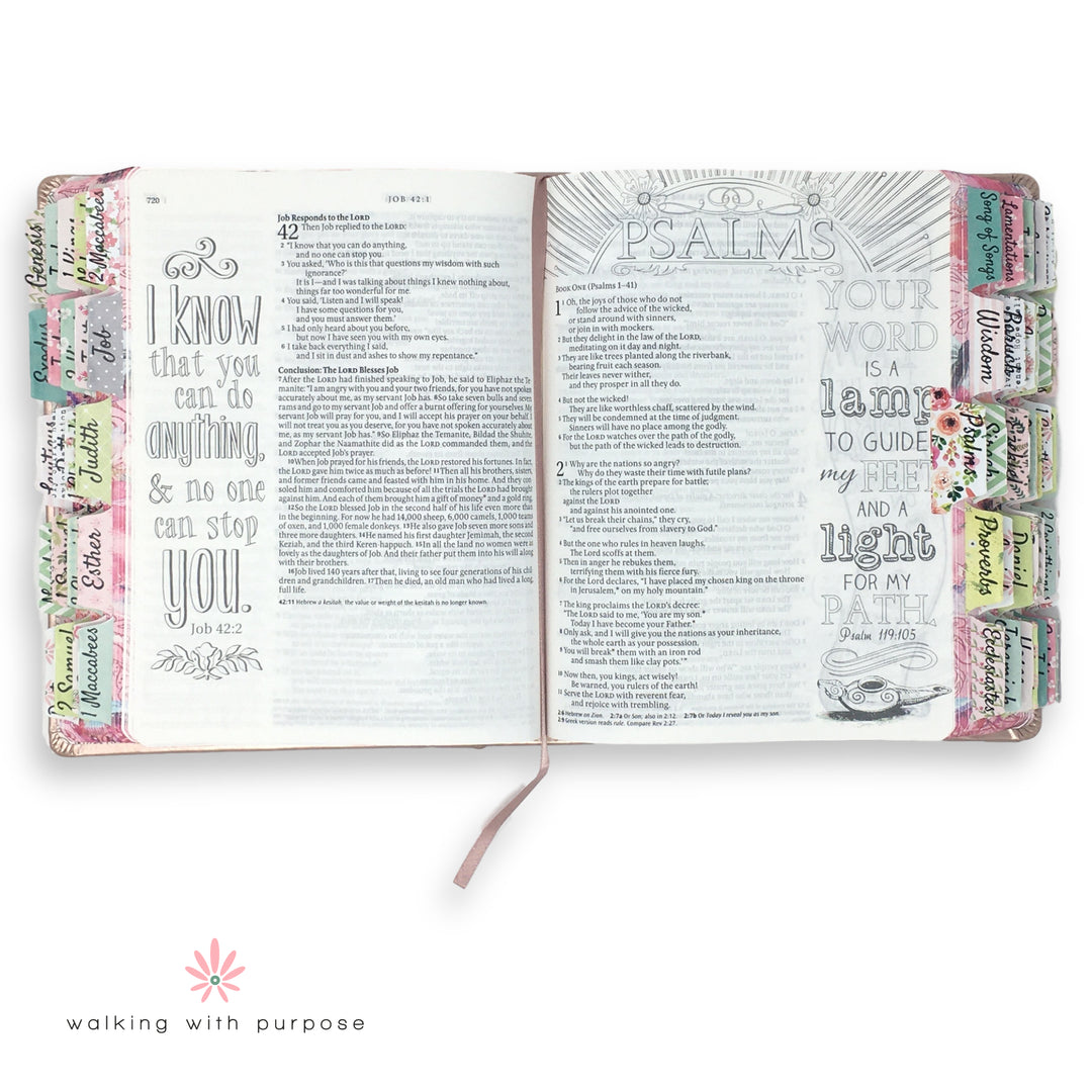 open Bible with WWP Themed Catholic Bible Tabs