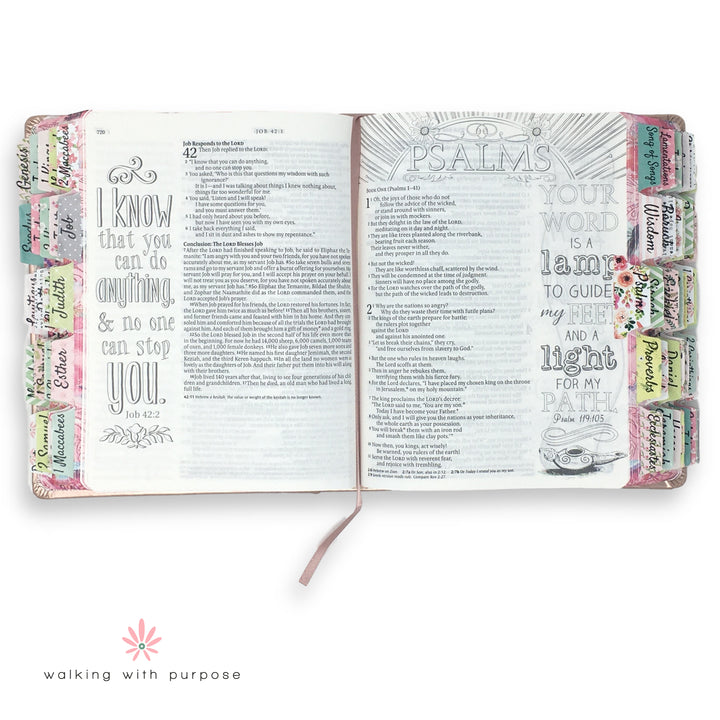 open Bible with WWP Themed Catholic Bible Tabs