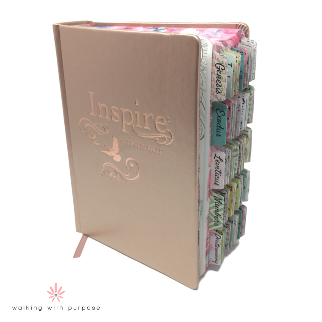 WWP Themed Catholic Bible Tabs placed on Bible pages