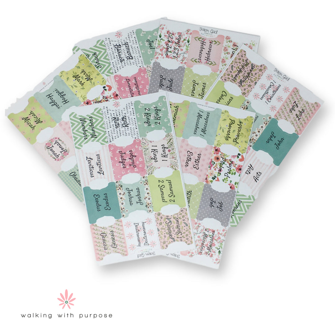 WWP Themed Catholic Bible Tabs spread out on table
