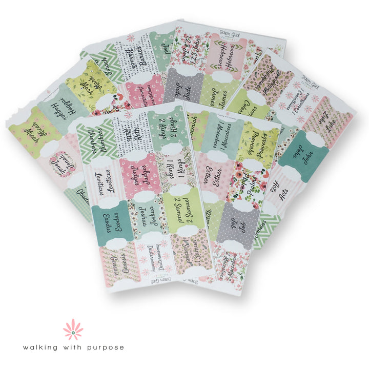 WWP Themed Catholic Bible Tabs spread out on table