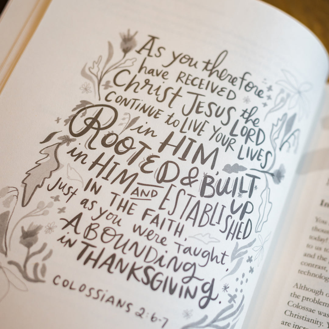 Rooted and Radiant study guide open to scripture verse