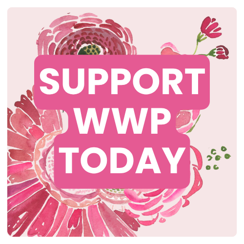 Image with pink florals and background with Support WWP Today text
