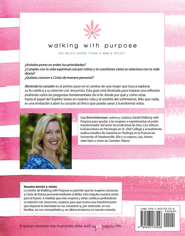 Back cover for Abriendo tu corazon, with a pink and white striped background