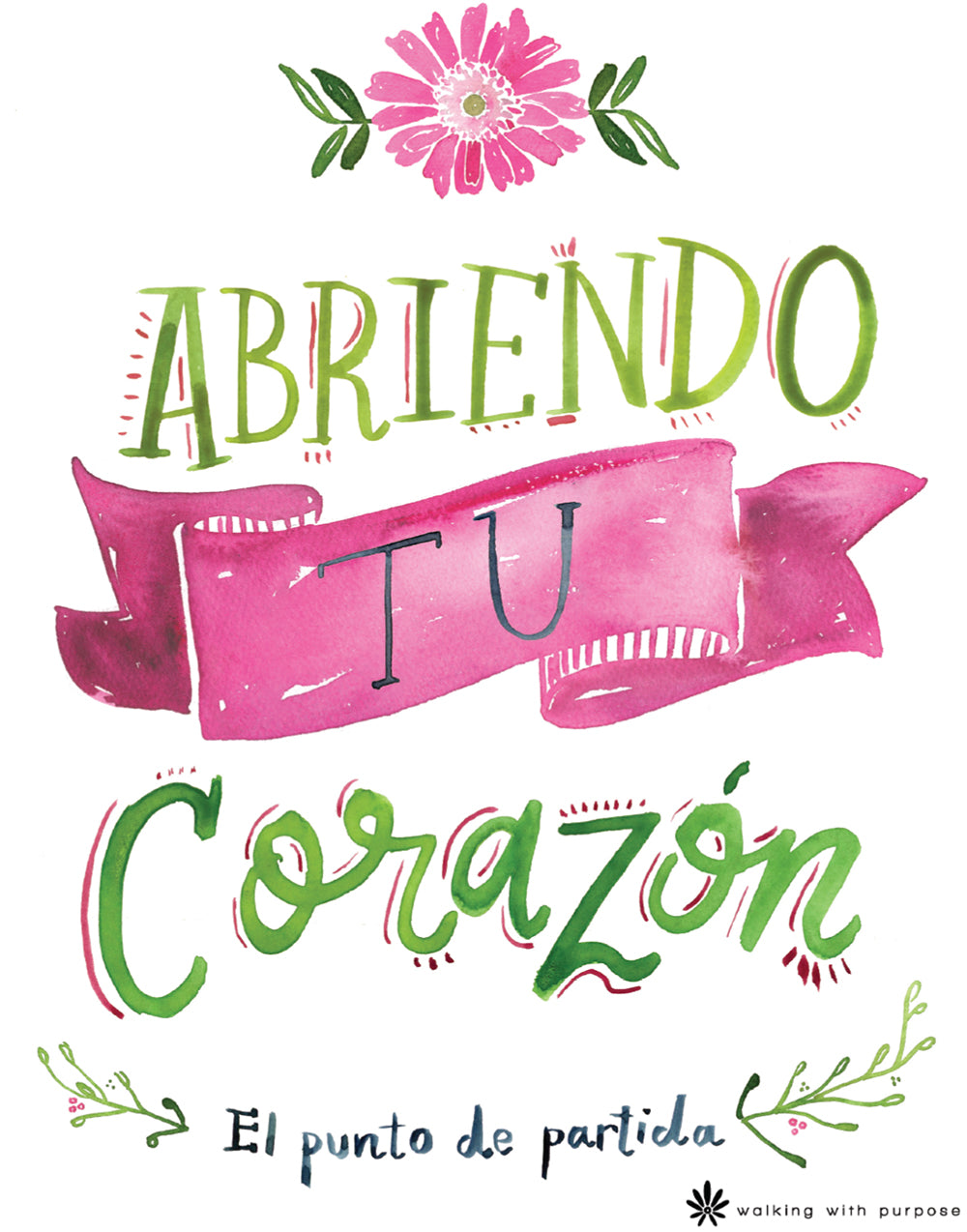 Bible study guide with decorative text with 'Abriendo Tu Corazon' and a pink ribbon on a white background