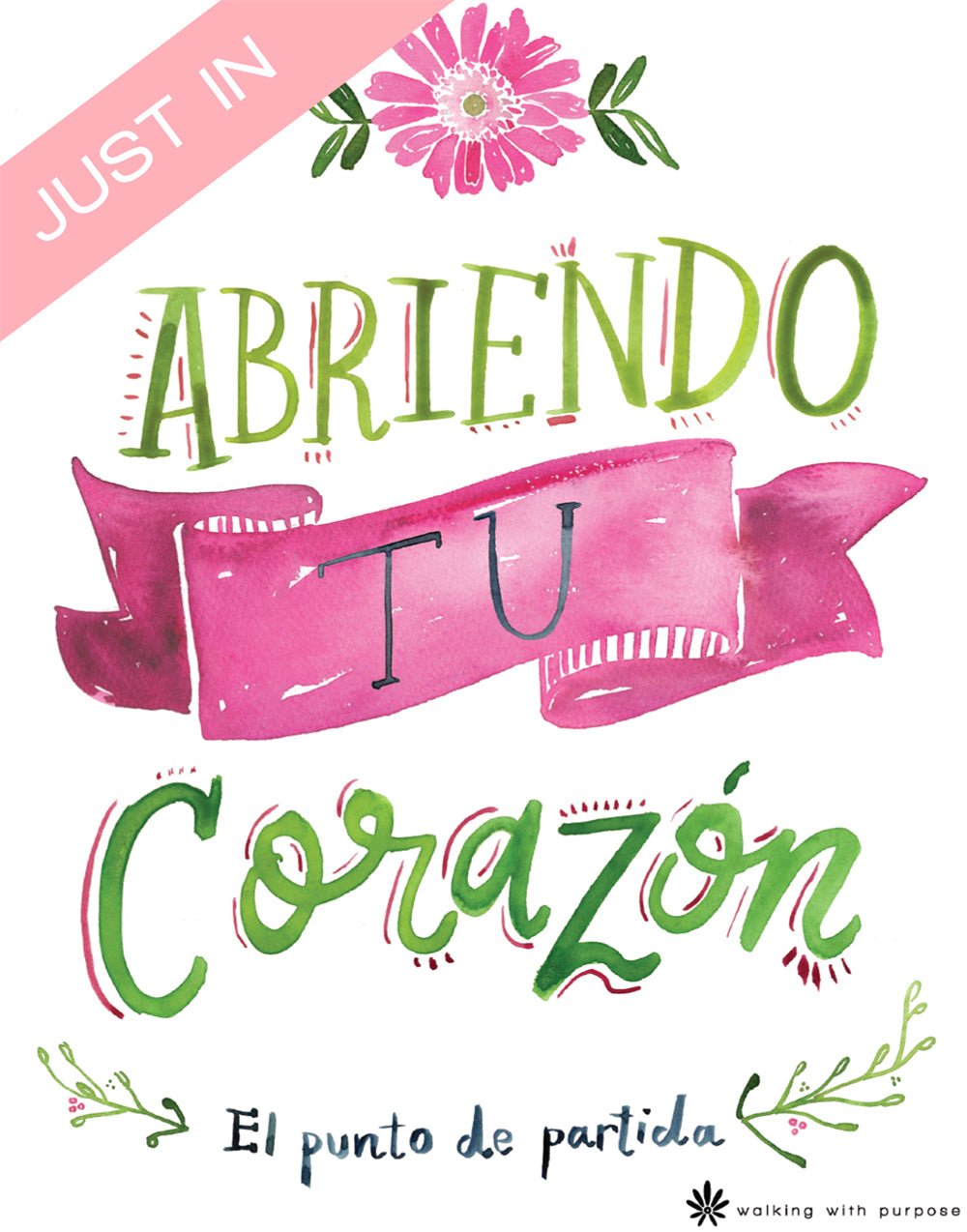 Book cover for Abriendo tu corazon with pink ribbon and floral design, featuring text in Spanish and a banner that notes Just In