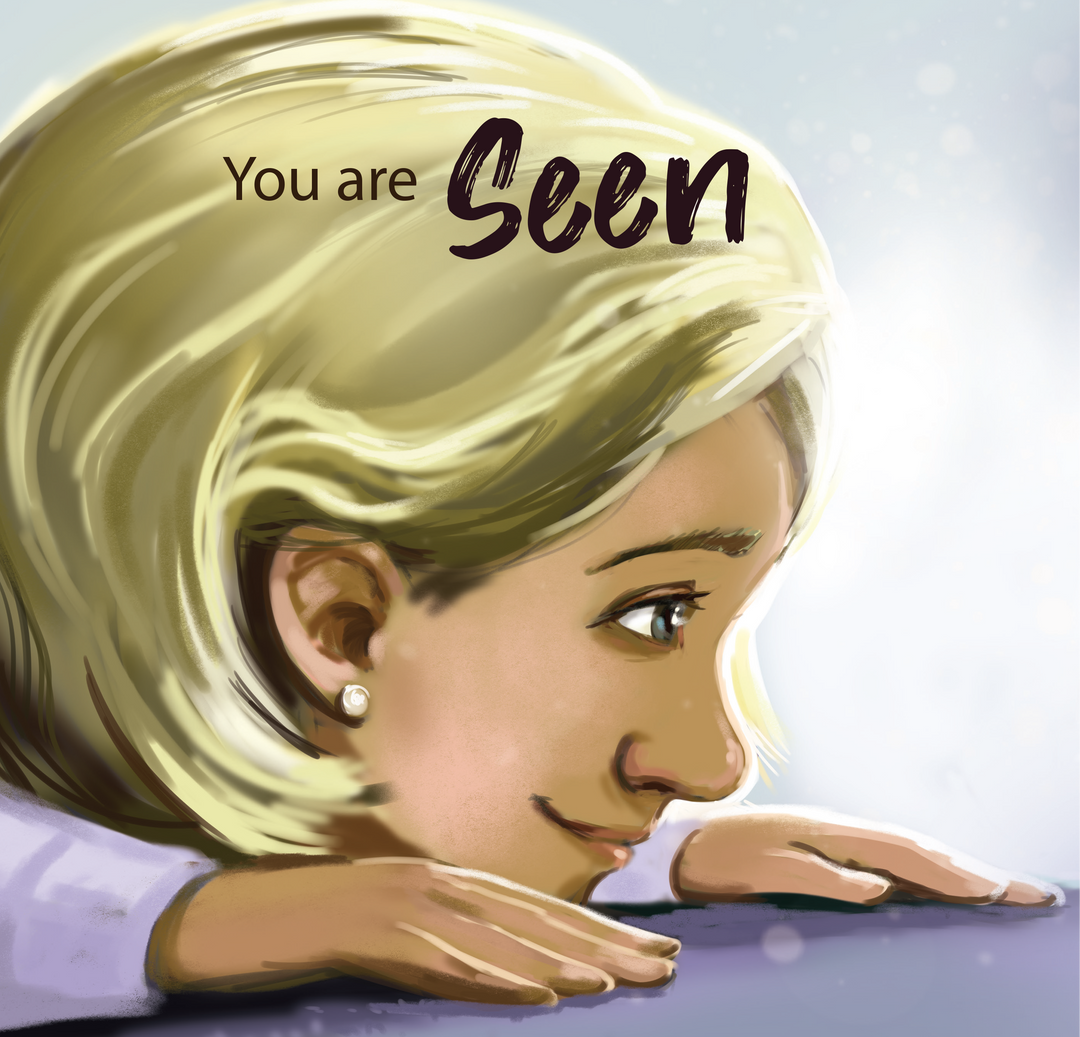 Illustration of a woman with blonde hair and 'You are Seen' text on a light background