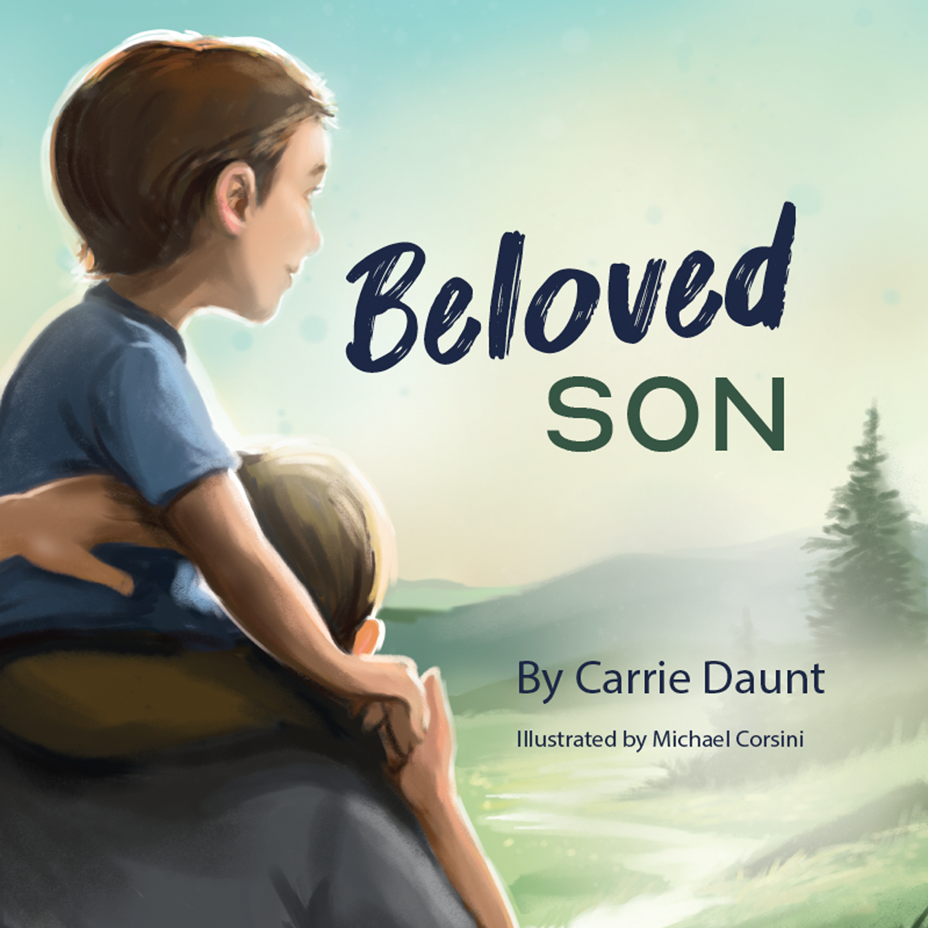 Book cover of 'Beloved Son' with a child and adult sitting together, surrounded by nature.