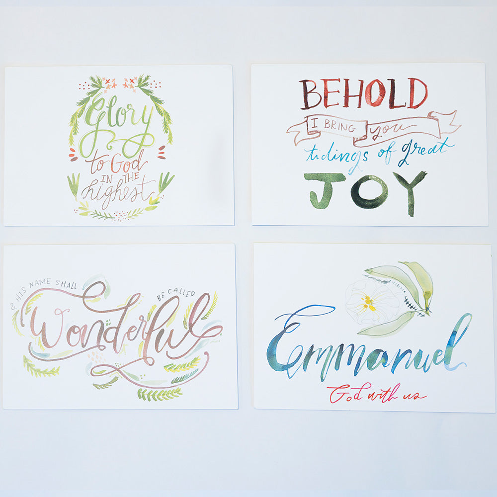 Four Christmas cards with hand-written text and decorative elements on a white background