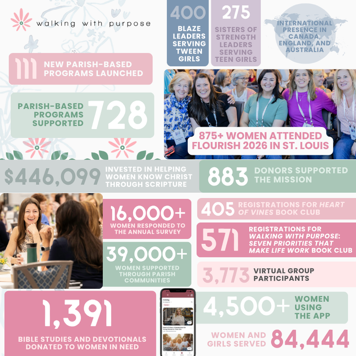 graphic that illustrates statistics for WWP for the fiscal year with images of women and pink and green blocks
