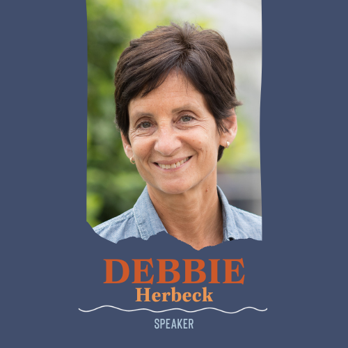 A portrait-style speaker card for Debbie Herbeck, showing a smiling woman with short brown hair and a light blue shirt against a blurred green outdoor background. The lower portion has a dark blue background with the text &