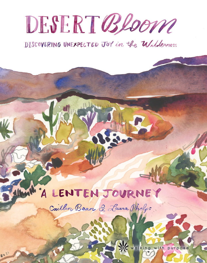 Book cover of "Desert Bloom: A Lenten Journey" with desert landscape illustration and text.