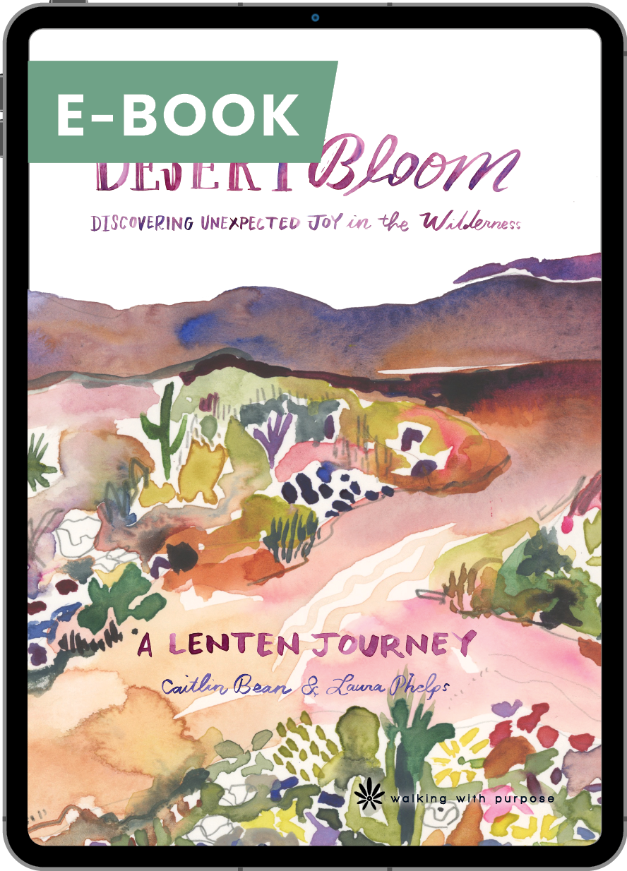 E-book cover titled 'Desert Bloom' on a digital device screen with artistic landscape design.