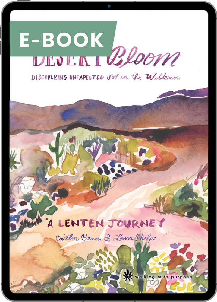 E-book cover titled 'Desert Bloom' on a digital device screen with artistic landscape design.