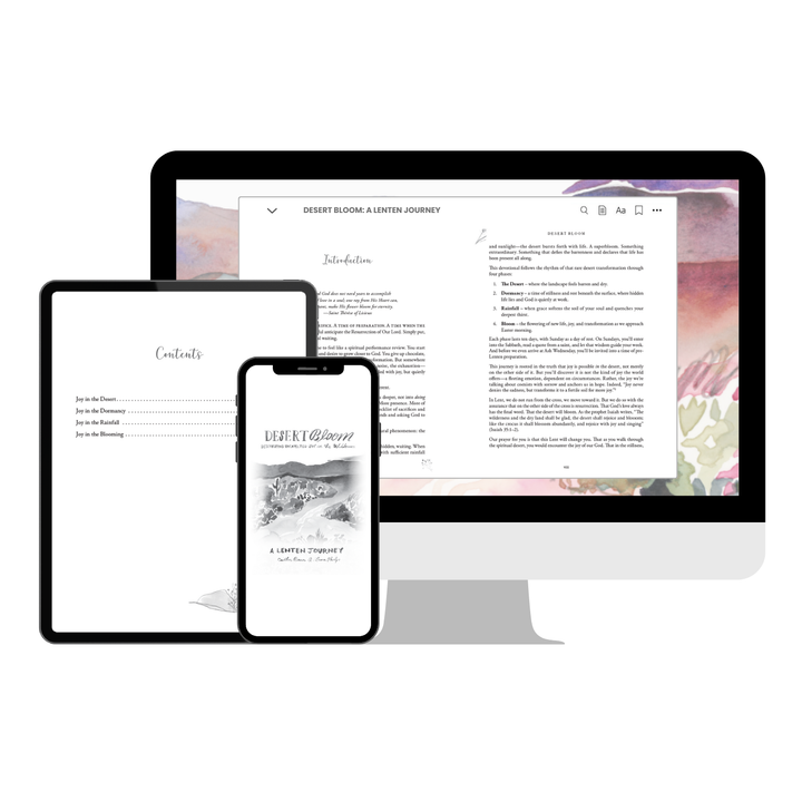 Digital Desert Bloom e-book displayed on a computer monitor, tablet, and smartphone.