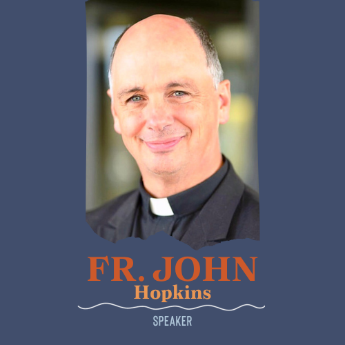 A portrait-style promotional graphic showing a smiling man in clerical clothing, with the text &