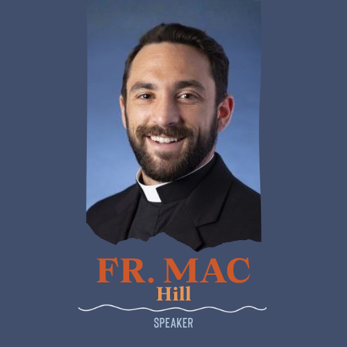 A portrait-style promotional graphic showing a smiling man with a beard wearing a black clerical collar against a blue background, with the text &