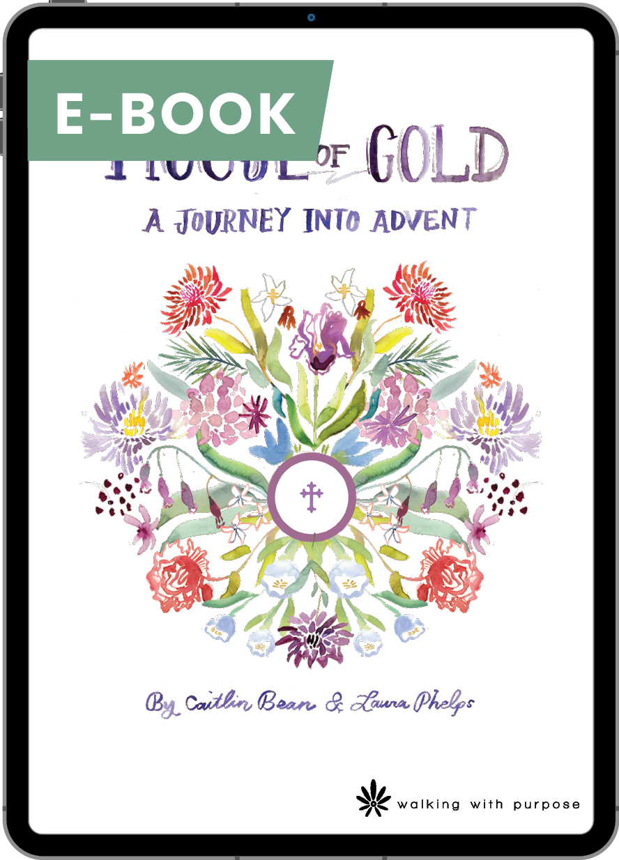 E-book cover titled 'House of Gold: A Journey into Advent' with colorful floral design and tablet outline.