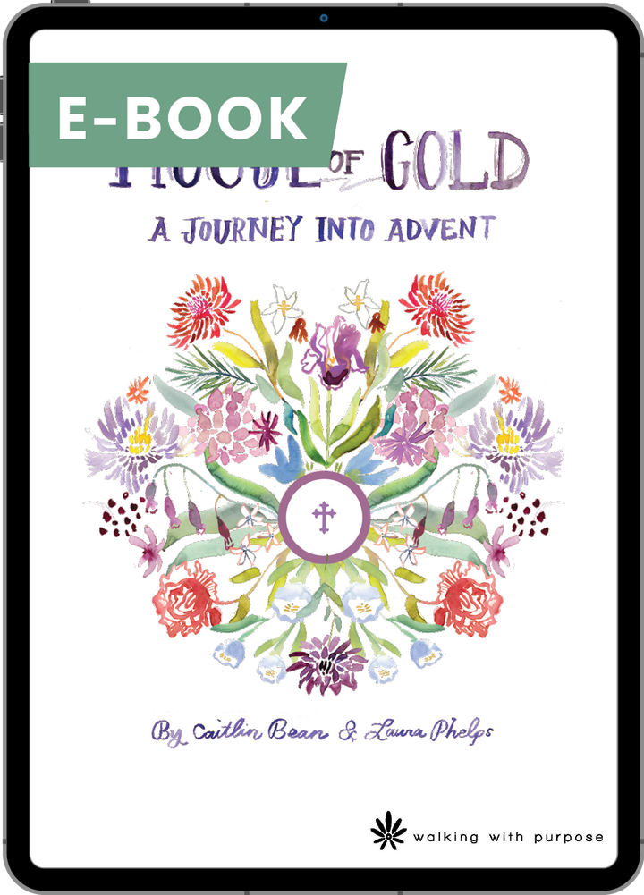 E-book cover titled 'House of Gold: A Journey into Advent' with colorful floral design and tablet outline.
