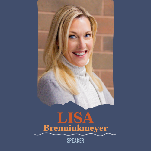 Promotional graphic featuring a portrait of speaker Lisa Brenninkmeyer with a torn-paper effect, set against a dark blue background with text reading &