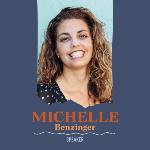 Promotional graphic featuring a smiling woman with curly brown hair, labeled &