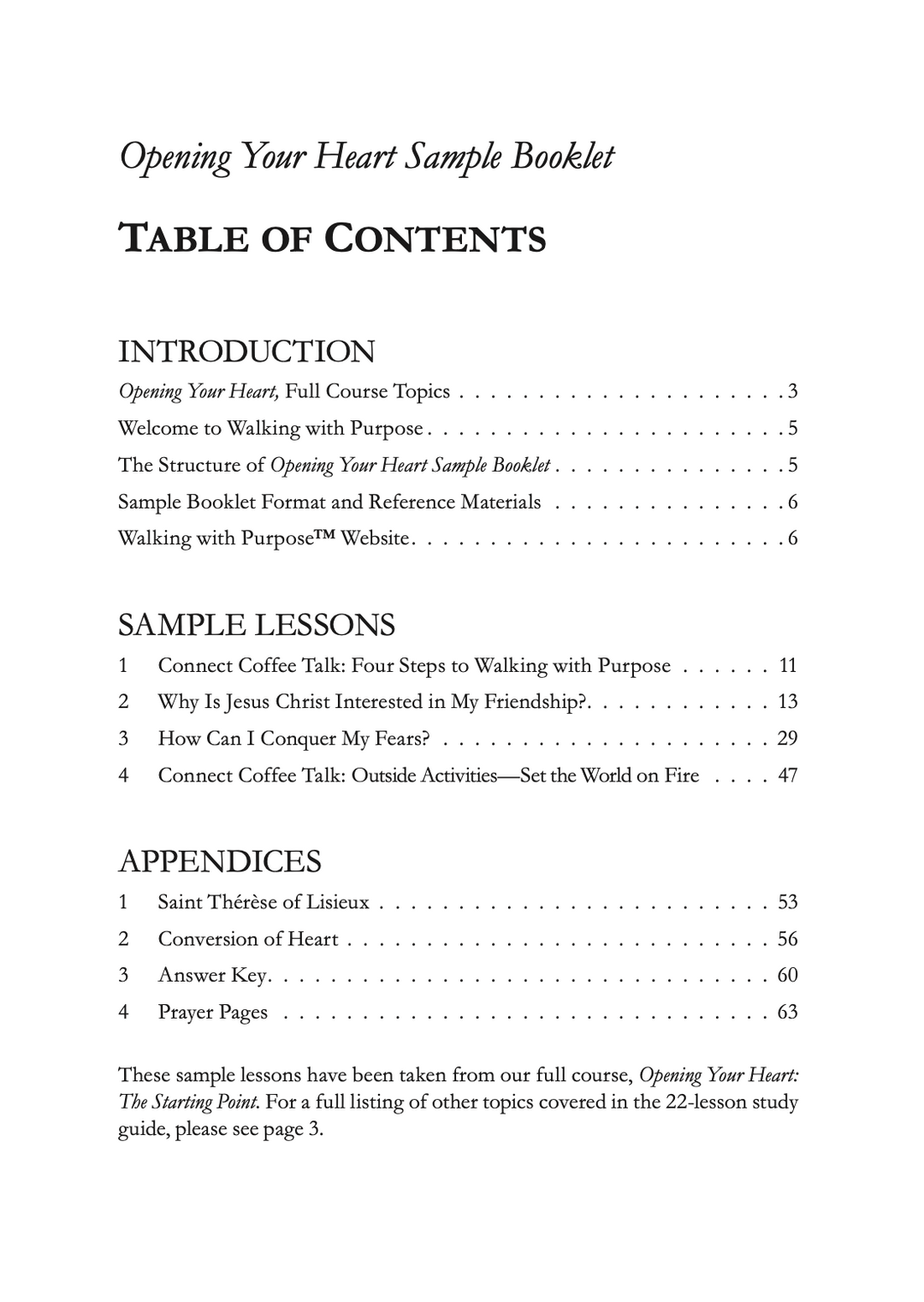 Opening Your Heart Sample Booklet Table of contents
