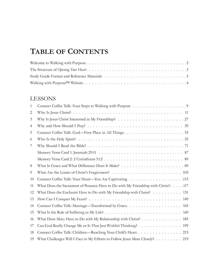 Table of contents for Opening Your Heart Bible Study on a white background.