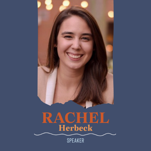 A portrait-style promotional graphic for Rachel Herbeck, showing a smiling woman from the chest up against a softly blurred warm background, with the text &