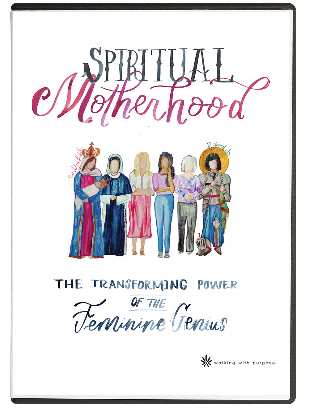 A DVD cover titled "Spiritual Motherhood" with illustrated women in colorful robes and text reading "The Transforming Power of the Feminine Genius" on a white background.
