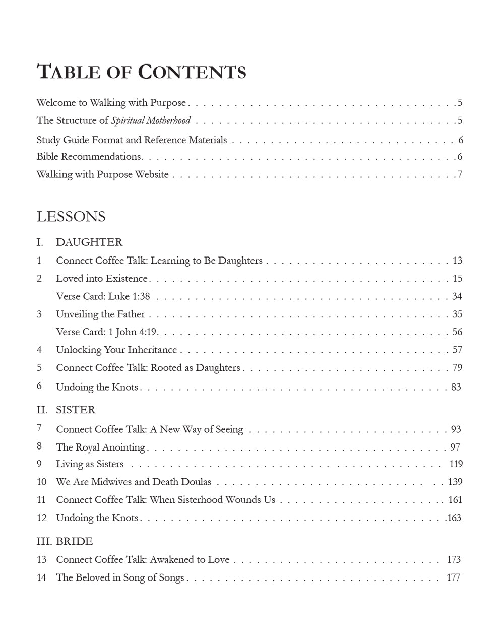 Table of contents for Spiritual Motherhood page 1 on a white background.