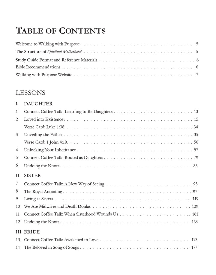 Table of contents for Spiritual Motherhood page 1 on a white background.