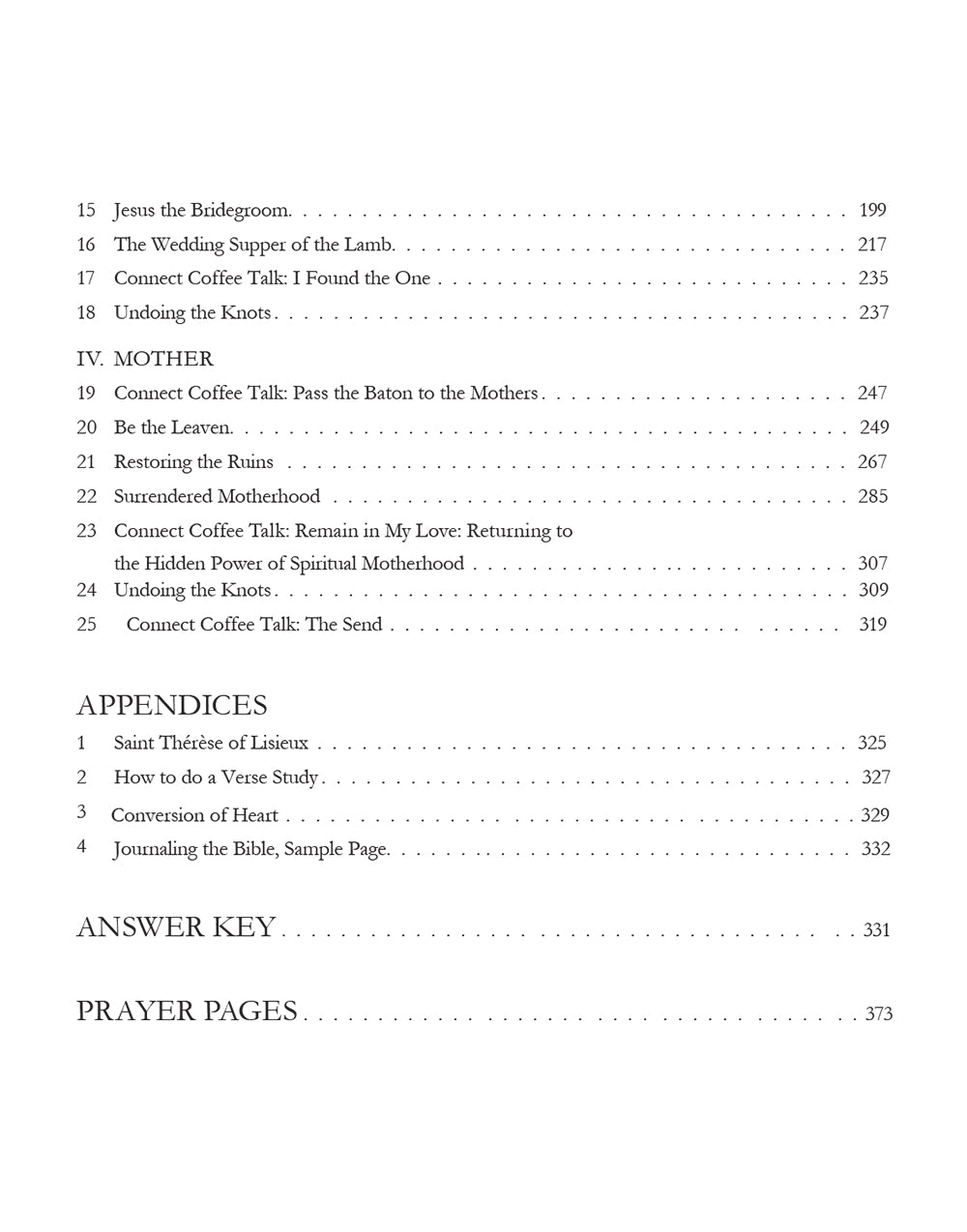 Table of contents for Spiritual Motherhood page 2 on a white background