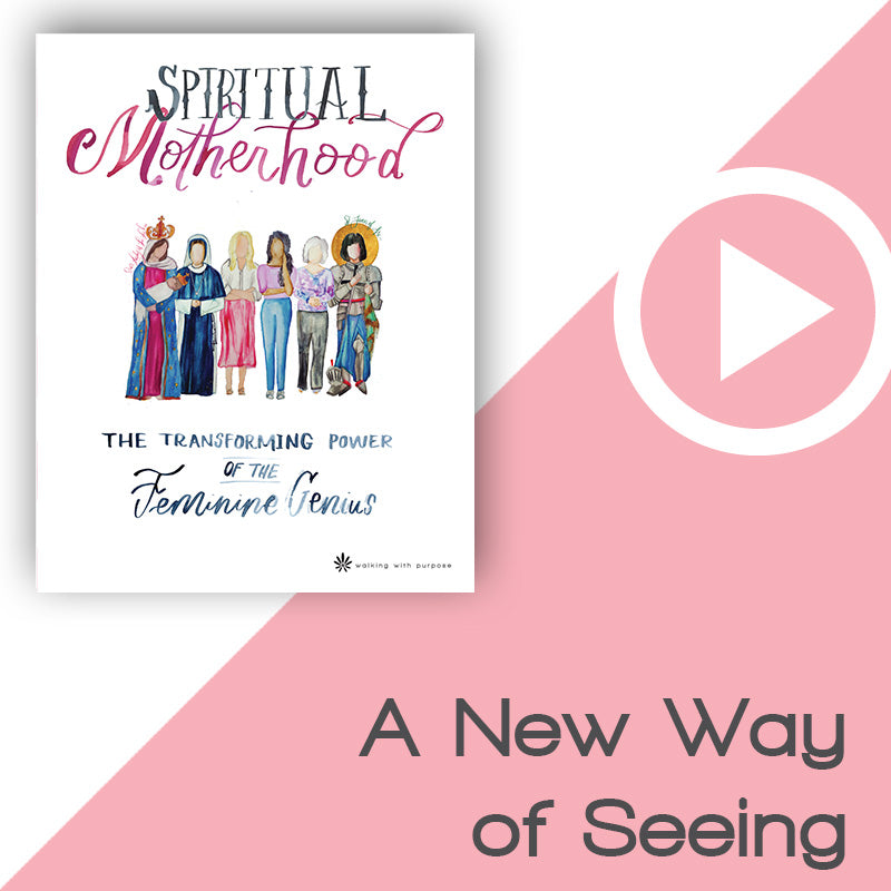Promotional graphic for Spiritual Motherhood: The Transforming Power of the Feminine Genius by Walking with Purpose, featuring a white book cover with colorful illustrations on the left, a large white play video icon on a pink diagonal background, and the text 'A New Way of Seeing' at the bottom right.