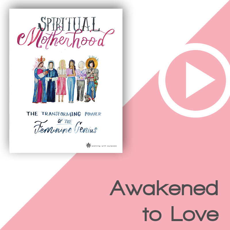 Promotional graphic for Spiritual Motherhood: The Transforming Power of the Feminine Genius by Walking with Purpose, featuring a white book cover with colorful illustrations on the left, a large white play video icon on a pink diagonal background, and the text &