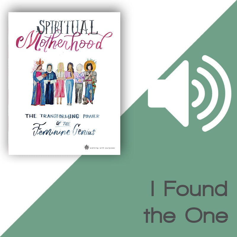 Promotional graphic for Spiritual Motherhood: The Transforming Power of the Feminine Genius by Walking with Purpose, featuring a white book cover with colorful illustrations on the left, a large white speaker icon on a green diagonal background, and the text &