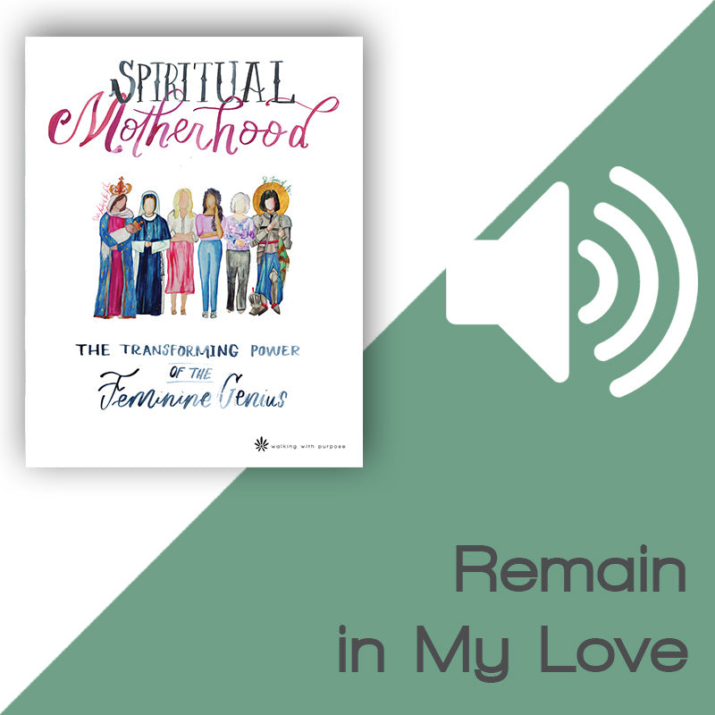 Promotional graphic for Spiritual Motherhood: The Transforming Power of the Feminine Genius by Walking with Purpose, featuring a white book cover with colorful illustrations on the left, a large white speaker icon on a green diagonal background, and the text &