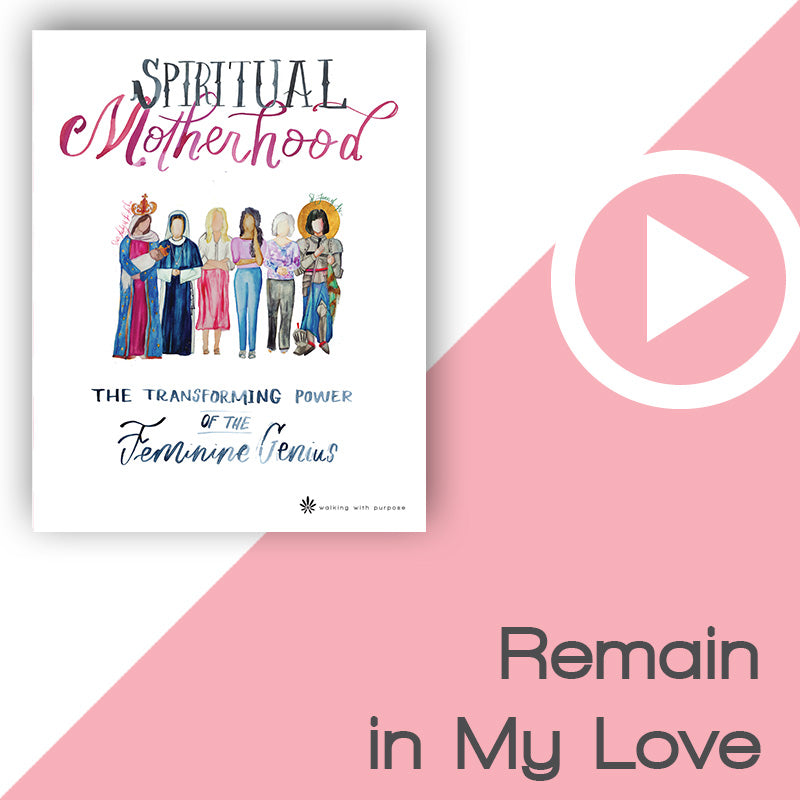 Promotional graphic for Spiritual Motherhood: The Transforming Power of the Feminine Genius by Walking with Purpose, featuring a white book cover with colorful illustrations on the left, a large white play video icon on a pink diagonal background, and the text &