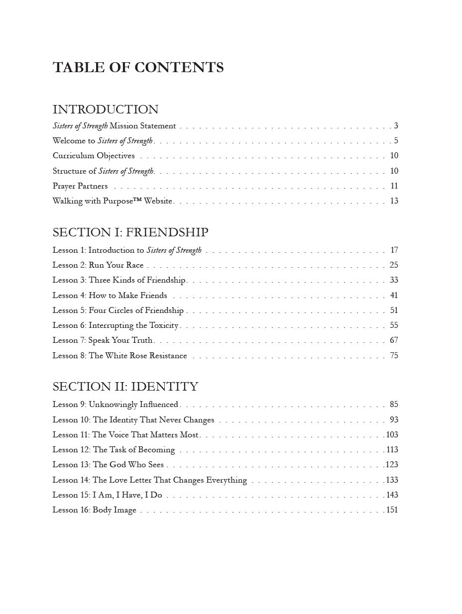 Sisters of Strength mentoring program for high school girls table of contents page 1