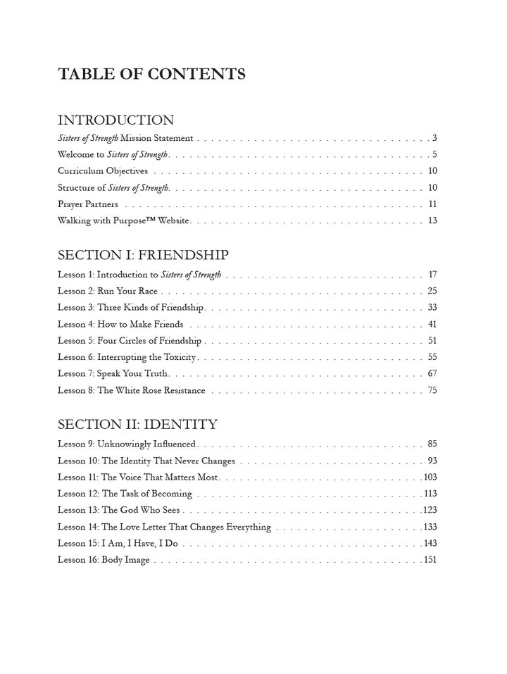 Sisters of Strength mentoring program for high school girls table of contents page 1