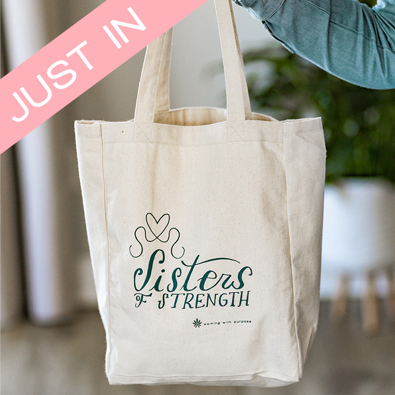 Sisters of strength tote bag with just in label