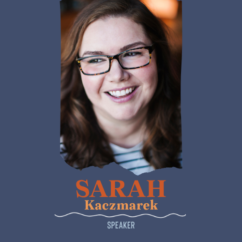 A portrait-style graphic featuring a smiling woman with glasses, with the text &