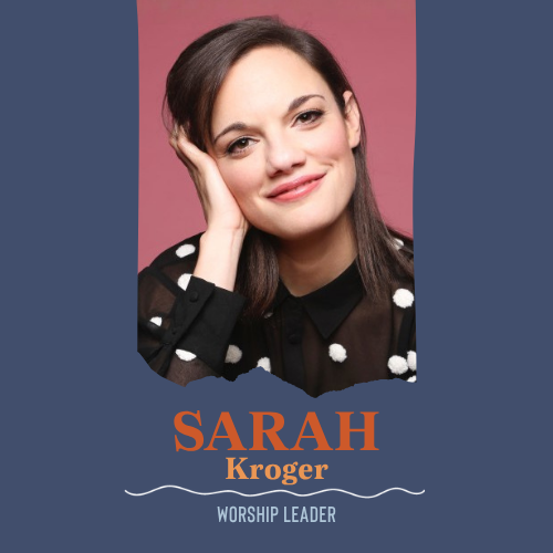 A portrait-style promotional graphic featuring a woman with dark hair resting her head on her hand, wearing a black top with white pom-pom details. The background is a dusty pink rectangle, set against a larger muted blue-gray field with the text &