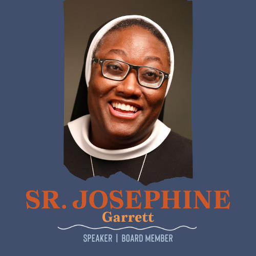A portrait-style graphic featuring a smiling woman in a nun habit with glasses, set against a dark blue background with the text &