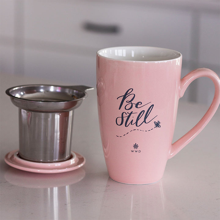 Light pink Be Still Tea Mug with Infuser and Lid