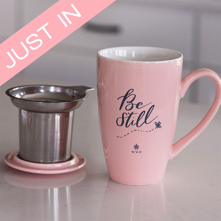 Light pink Be Still Tea Mug with Infuser and Lid with just in label