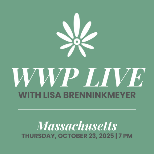 Promotional graphic for WWP Live with Lisa Brenninkmeyer in Massachusetts on a green background