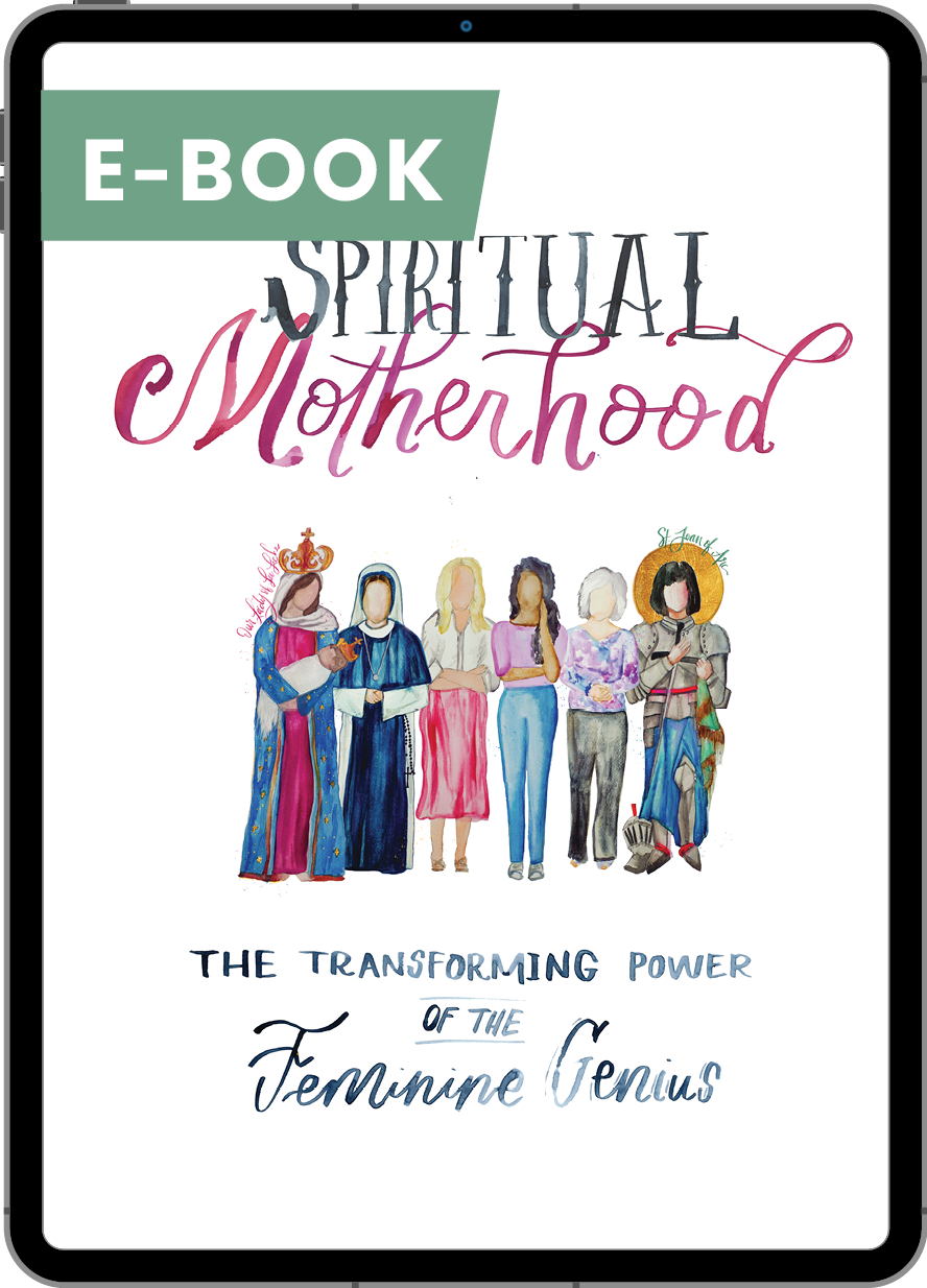 Digital book cover for 'Spiritual Motherhood' displayed on a tablet screen, featuring an illustration of six women in colorful outfits and a green 'E-BOOK' banner at the top.